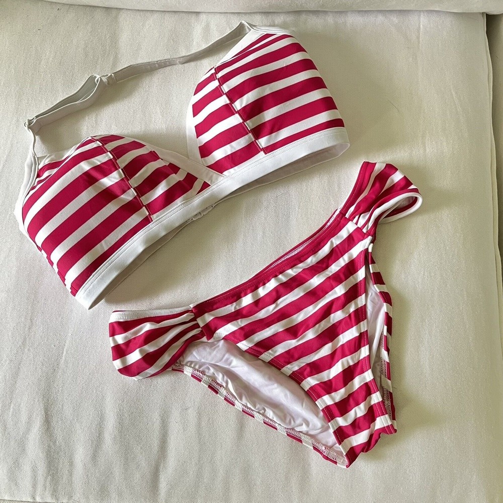 figleaves Midnight Grace Ruched Stripe Bikini Set Swimsuit Pink White